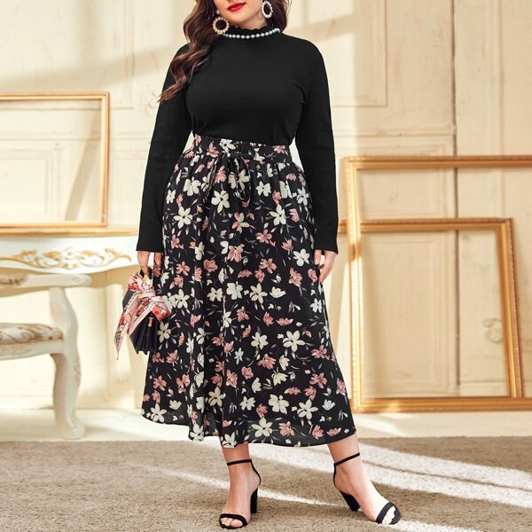 

Plus Mock Neck Rib-knit Tee & Floral Belted Skirt Set, Multicolor