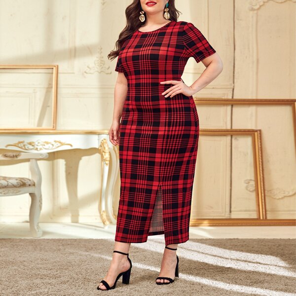 

Plus Plaid Split Hem Bodycon Dress, Multicolor