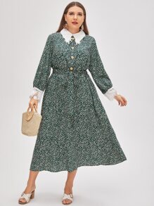 SHEIN Plus Ditsy Floral Contrast Lace Button Front Belted Dress - Multicolor - View 1