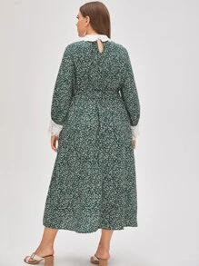 SHEIN Plus Ditsy Floral Contrast Lace Button Front Belted Dress - Multicolor - View 2