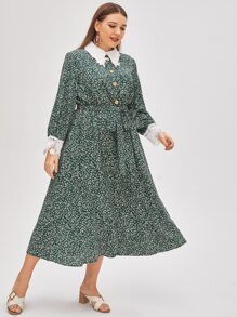 SHEIN Plus Ditsy Floral Contrast Lace Button Front Belted Dress - Multicolor - View 3