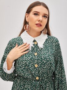 SHEIN Plus Ditsy Floral Contrast Lace Button Front Belted Dress - Multicolor - View 4
