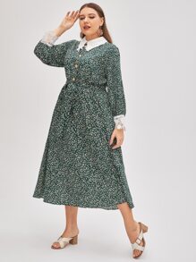 SHEIN Plus Ditsy Floral Contrast Lace Button Front Belted Dress - Multicolor - View 5