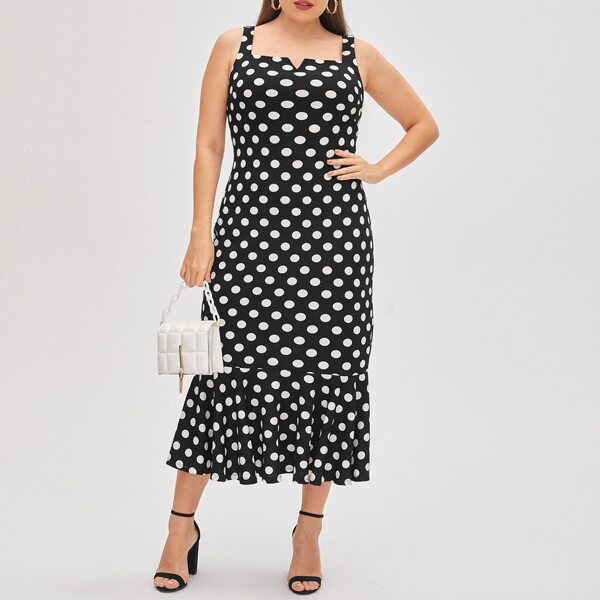 

Plus Polka Dot Print Sweetheart Neck Flounce Hem Dress, Black and white