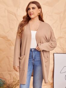 SHEIN Unity Plus Rib-knit Patch Pocket Solid Coat - Khaki - View 2