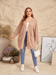 SHEIN Unity Plus Rib-knit Patch Pocket Solid Coat - Khaki - View 4