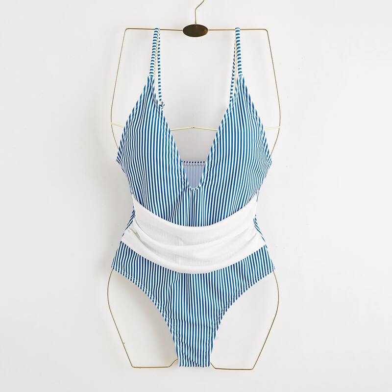 

Stripe Plunging One Piece Swimsuit, Blue and white
