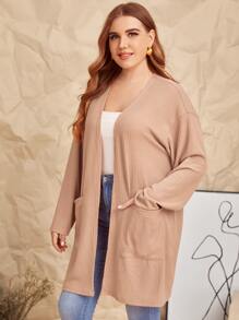 SHEIN Unity Plus Rib-knit Patch Pocket Solid Coat - Khaki - View 5