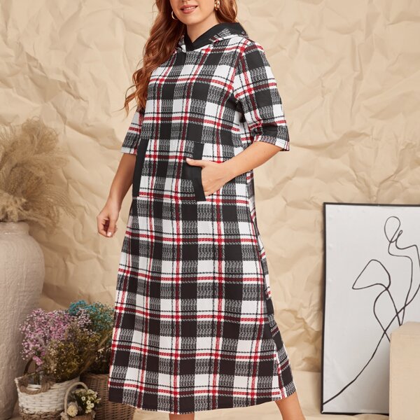 

Plus Plaid Pouch Pocket Hooded Dress, Multicolor