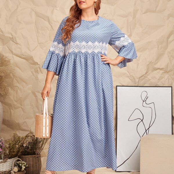 

Plus Polka Dot Print Contrast Lace Dress, Blue and white