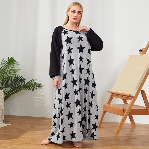 

Plus Star Print Raglan Sleeve Sleepshirt, Multicolor