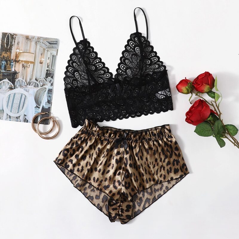 

Leopard Satin Floral Lace Lingerie Set, Multicolor