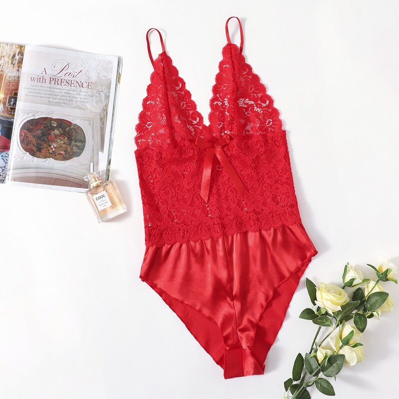 

Floral Lace Teddy Bodysuit, Red
