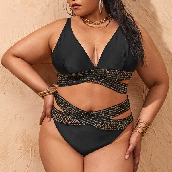 

Plus Mesh Trim Cut-out Bikini Swimsuit, Black