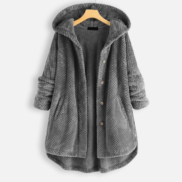 

Plus Flannel Single Breasted High Low Hem Hooded Coat, Grey