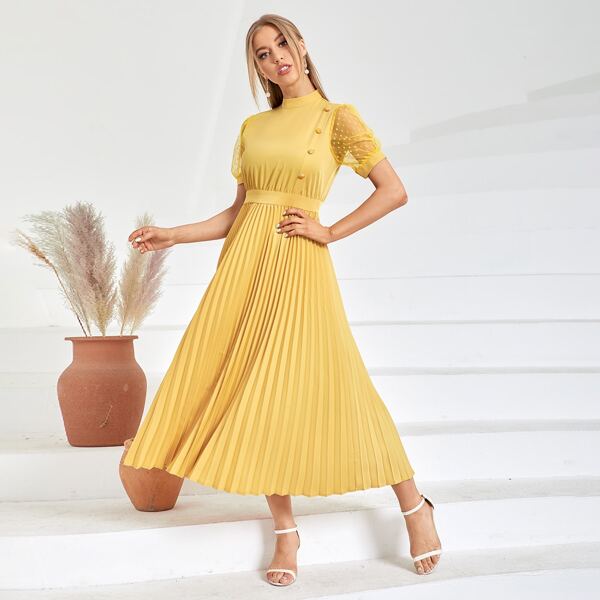 

Dobby Mesh Sleeve Pleated A-line Dress, Yellow