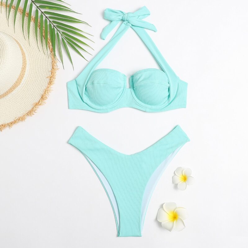 

Underwire Halter Bikini Swimsuit, Mint blue