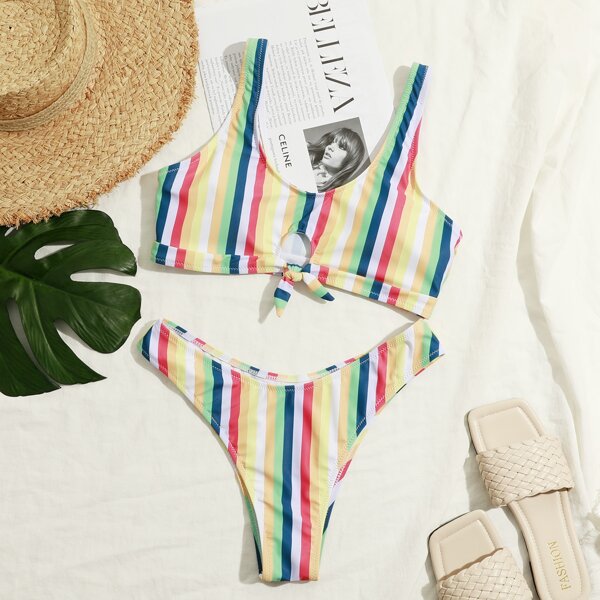 

Colorful Striped Knot Hem Bikini Swimsuit, Multicolor
