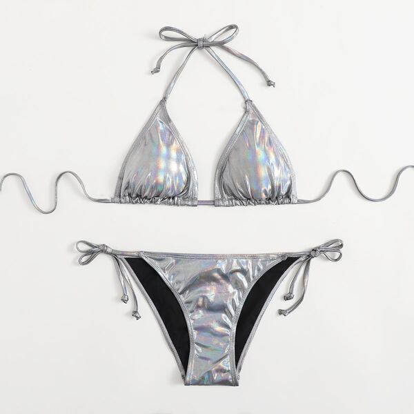 

Holographic Triangle Tie Side Bikini Swimsuit, Silver