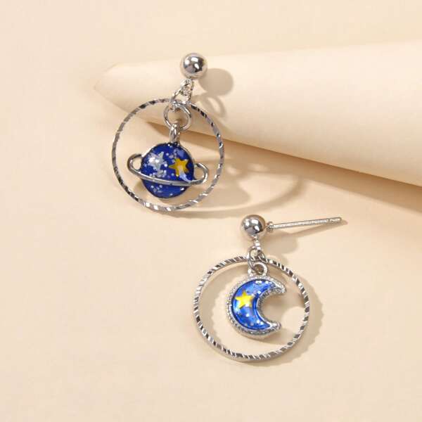 

Planet & Moon Drop Earrings, Silver
