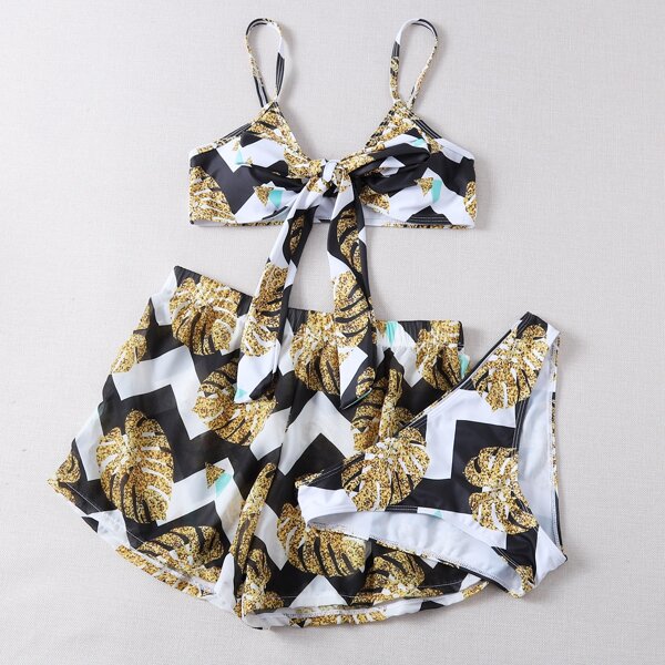 

3pack Tropical & Chevron Print Knot Bikini Swimsuit, Multicolor