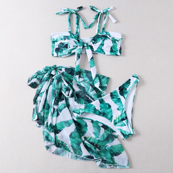 

3pack Tropical Knot Front Bikini Swimsuit & Beach Skirt, Green