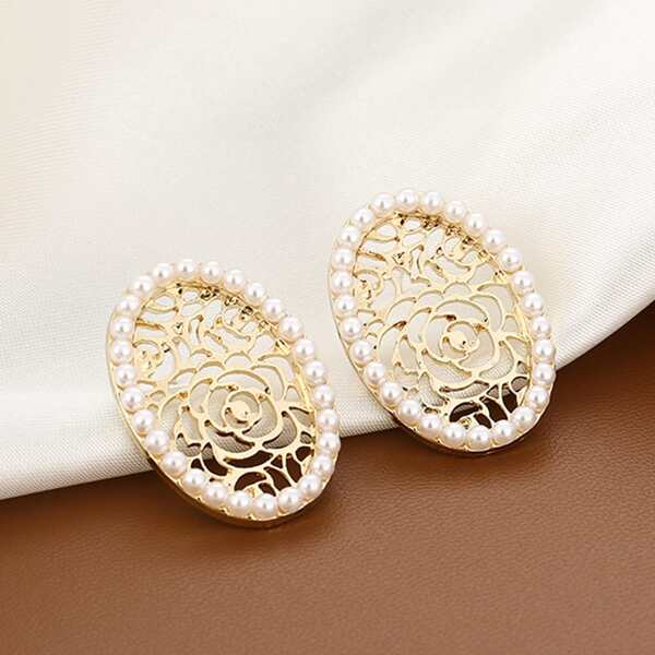 

Faux Pearl Decor Oval Design Stud Earrings, Gold