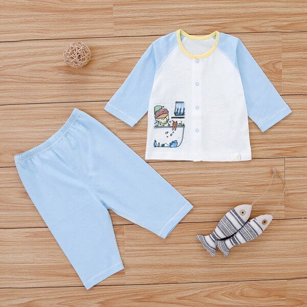 

Baby Boy Cartoon Graphic Colorblock Top & Pants Set, Blue and white
