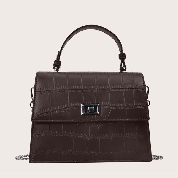 

Twist Lock Croc Embossed Flap Satchel Bag, Coffee brown