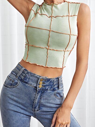 Plaid Lettuce Trimed Crop Tank Top