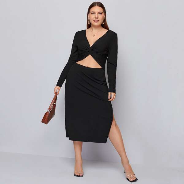 

Plus Twist Front Fitted Dress, Black