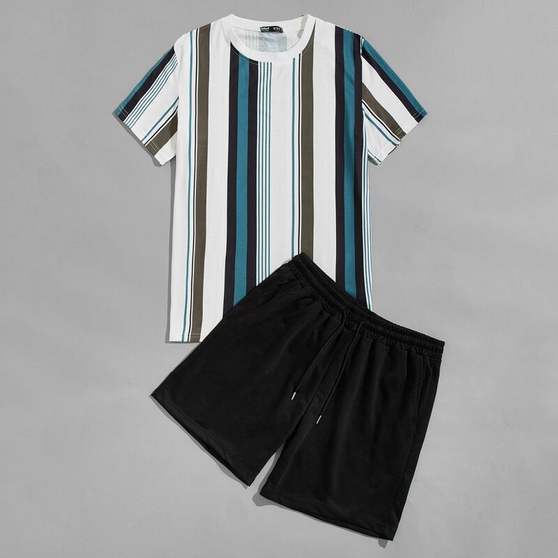 

Guys Striped Print Tee & Drawstring Shorts, Multicolor