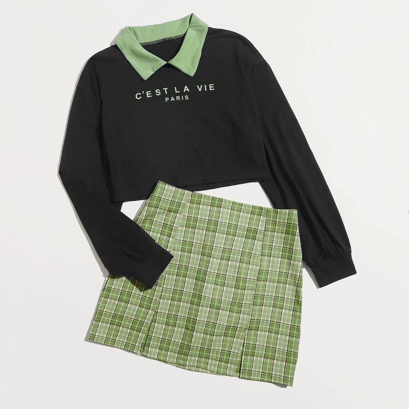 

Letter Graphic Crop Top & Plaid Skirt, Multicolor