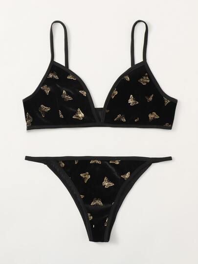 Butterfly Print Velvet Lingerie Set