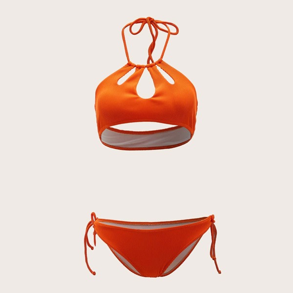 

Rib Halter Tie Side Bikini Swimsuit, Orange