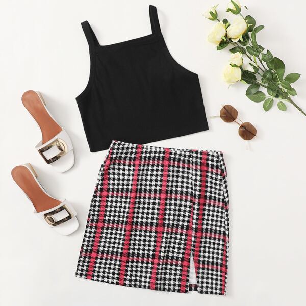 

Solid Cami Top & Split Hem Plaid Skirt Set, Multicolor