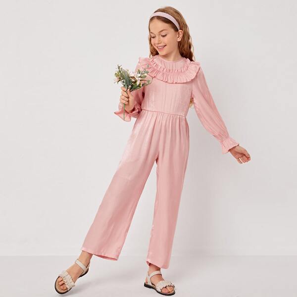 

Girls Ruffle Trim Solid Jumpsuit, Pastel baby pink