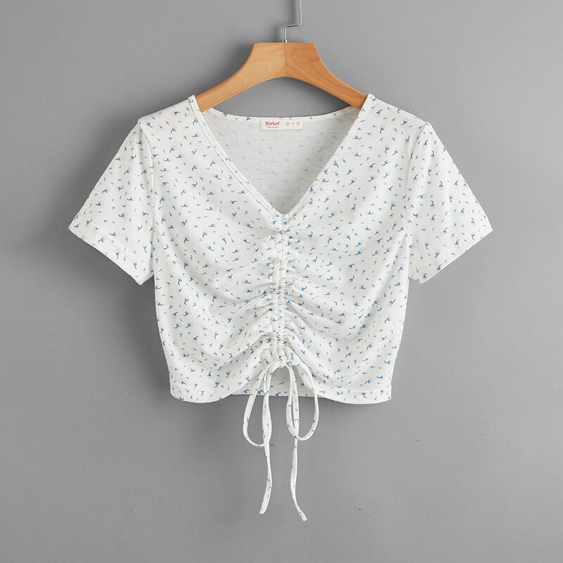 

All Over Print Drawstring Crop Top, White