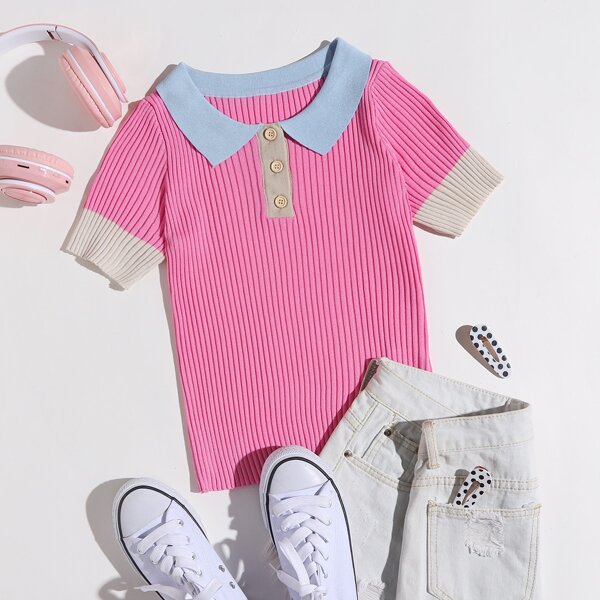 

Contrast Polo Neck Knit Top, Pink