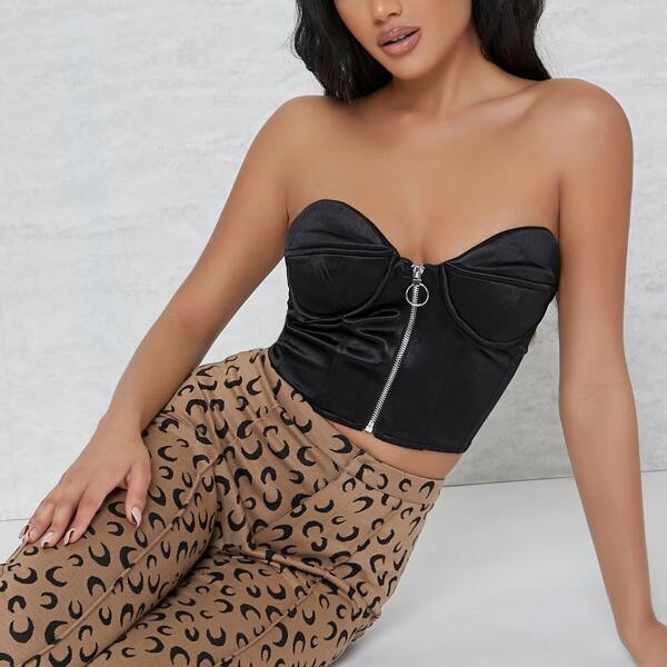 

Satin O-Ring Zipper Bustier Cropped Tube Top, Black