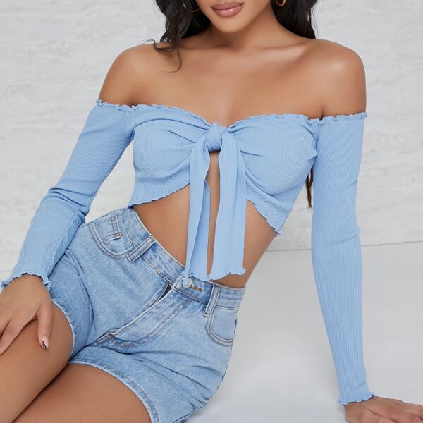 

Ribbed Lettuce-Edge Cropped Sweater Top, Dusty blue