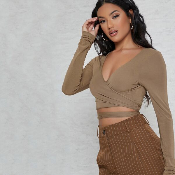 

Plunging Crisscross Self-Tie Crop Top, Mocha brown