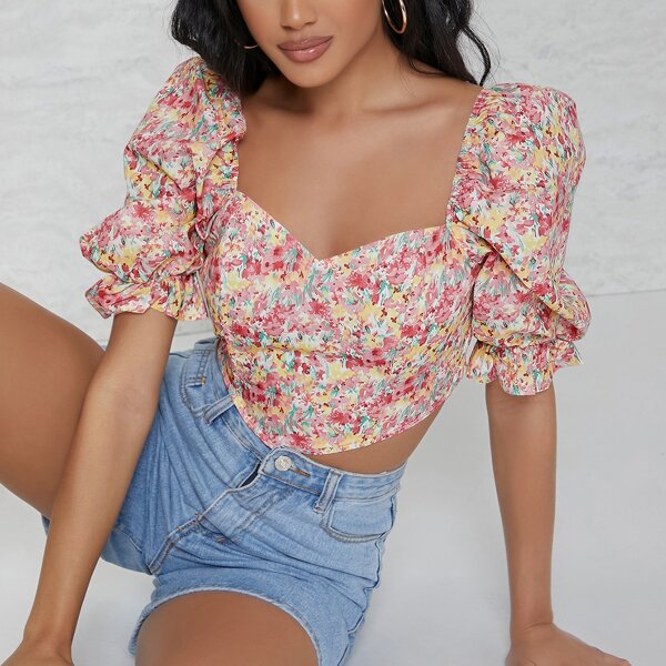 

Ditsy Floral Ruffled Puff Sleeve Corset Crop Top, Multicolor