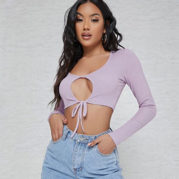 

Bust Cutout Self-Tie Crop Top, Lilac purple