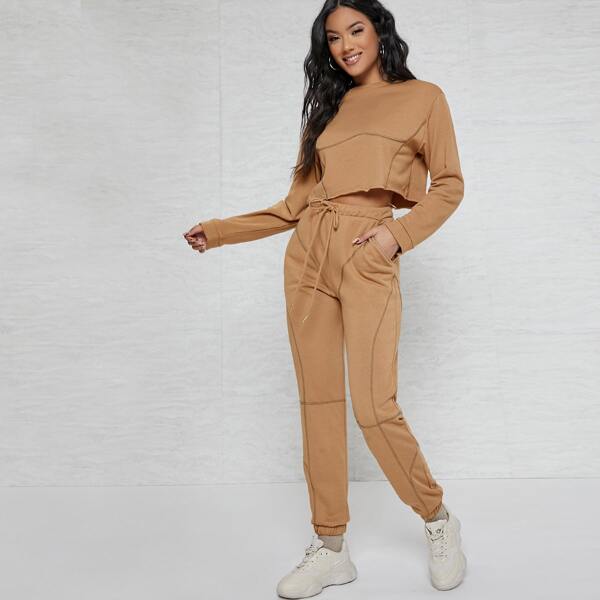 

French Terry Crop Top & Drawstring Joggers Set, Khaki