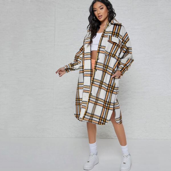 

Plaid Fleece Button-Front Oversized Duster Coat, Multicolor