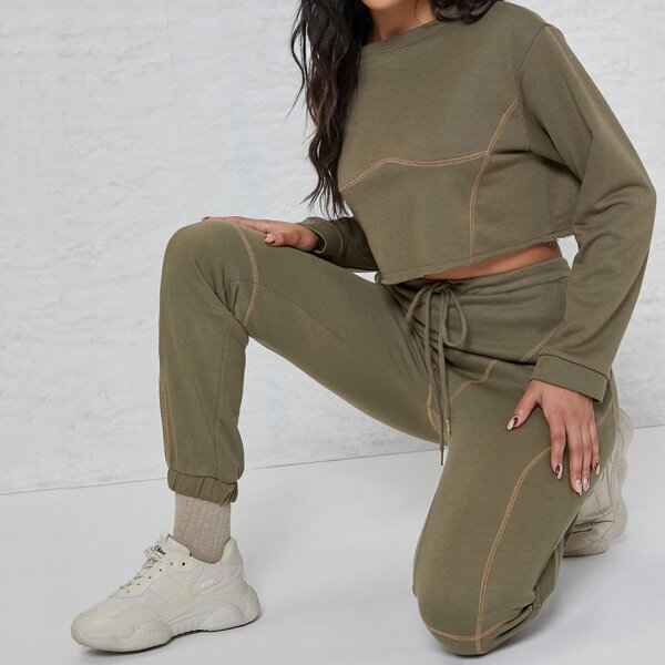 

Underbust French Terry Top & Drawstring Joggers Set, Army green