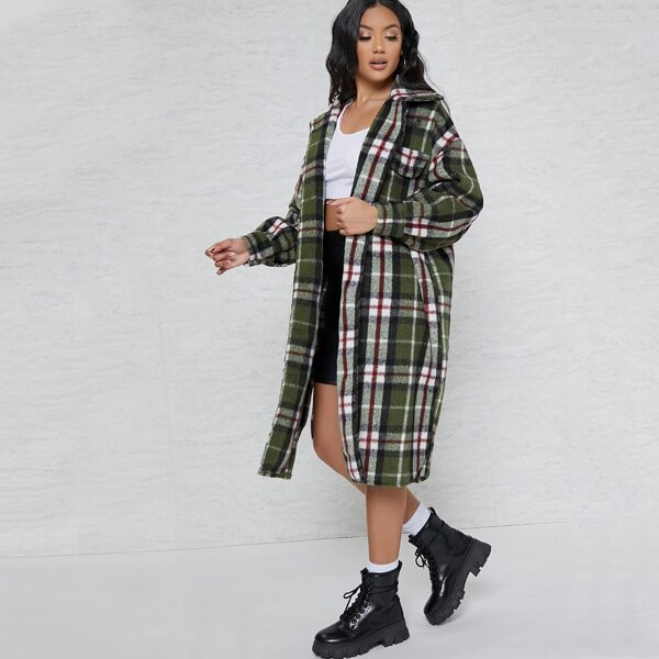 

Plaid Button-Up Slit Oversized Duster Jacket, Multicolor