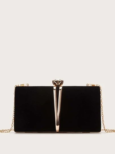 Rhinestone Decor Clip Top Velvet Chain Bag