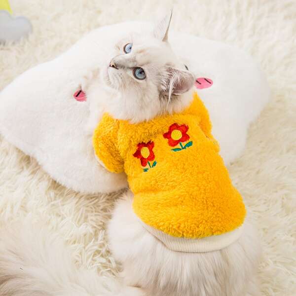 

Flower Embroidered Plush Pet Sweatshirt, Yellow